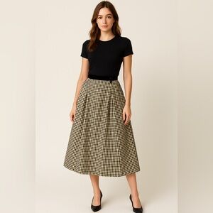 The Eagle’s Eye Vintage Gingham Pleated Midi Skirt 0/2 Black Velvet Trim Holiday